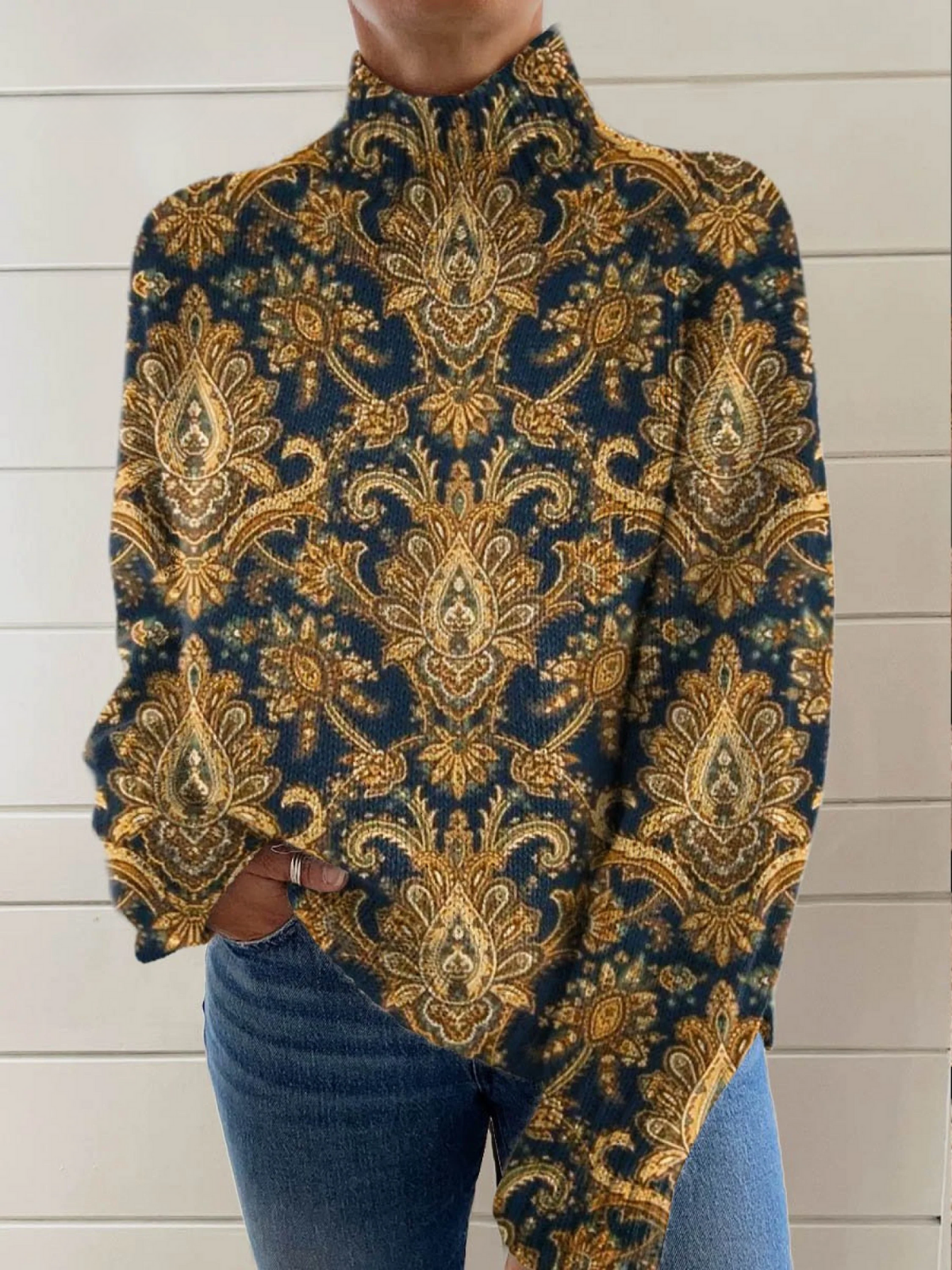 Scarlett - Vintage Floral Art Turtleneck Top