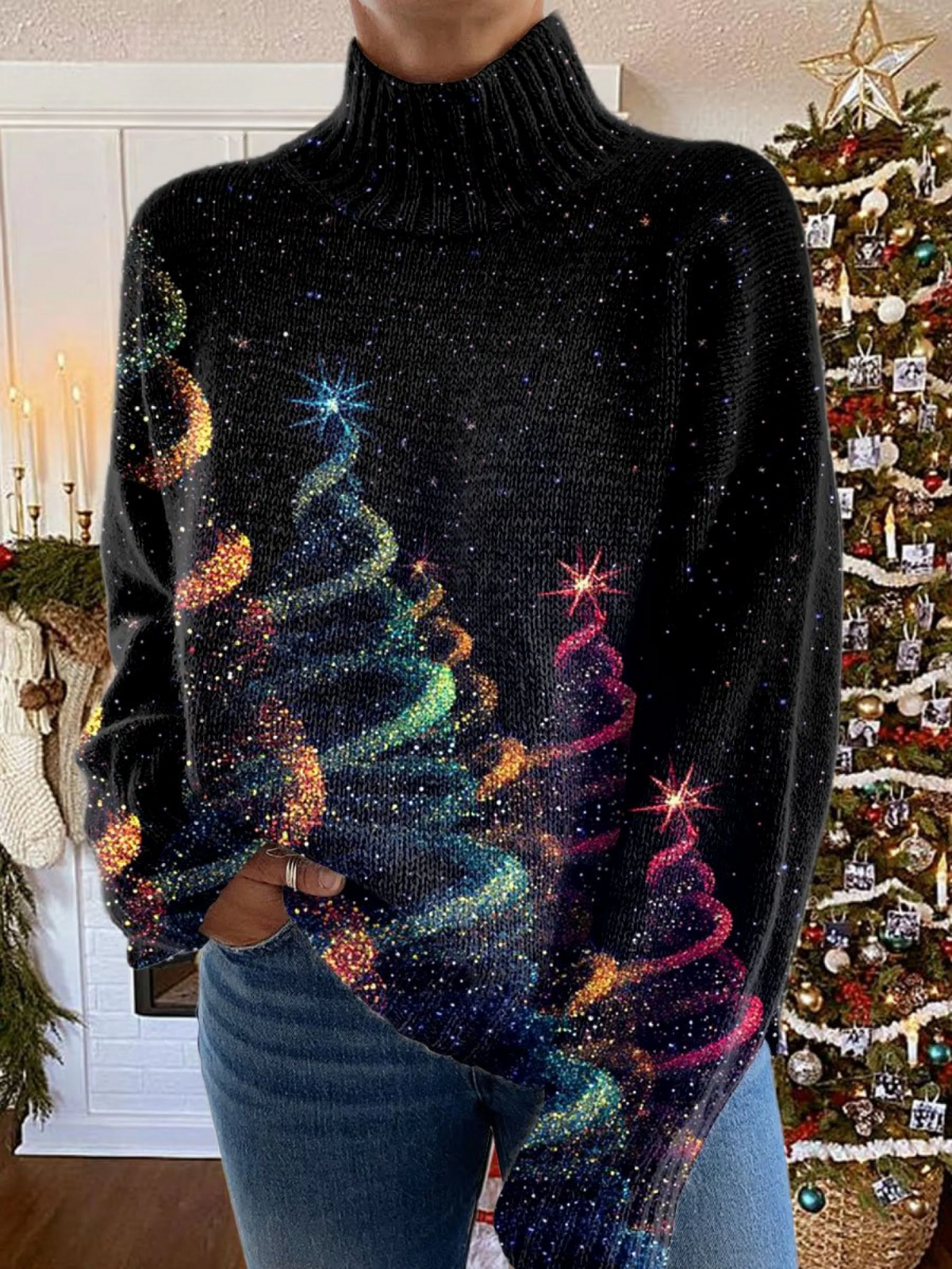 Olivia - Glitter Christmas Tree Turtleneck Top