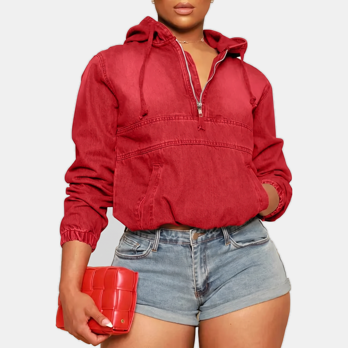 Marlene™ | Cropped Zip-Up Denim Hoodie