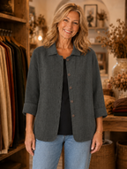 Thelma relaxed button-front overshirt worn by model