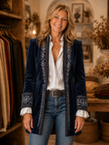 Anastasia embroidered longline jacket worn by model