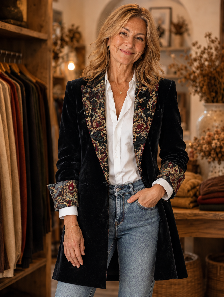 Regina ornate longline blazer worn by model