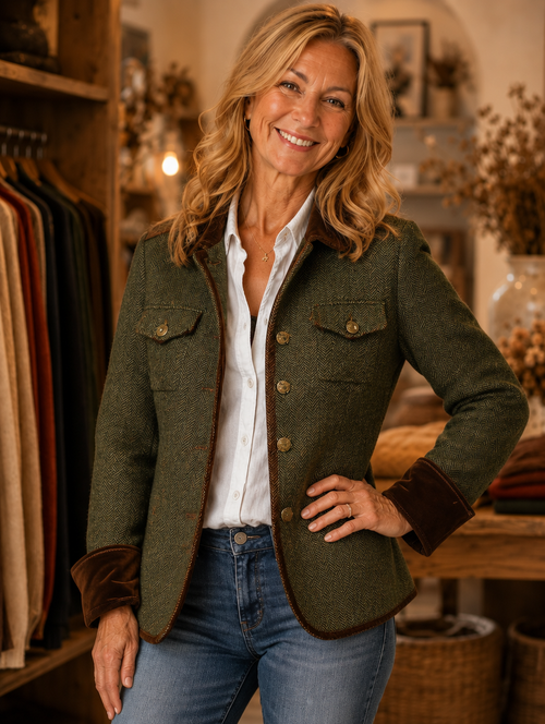 Agnes herringbone contrast-trim blazer worn by model