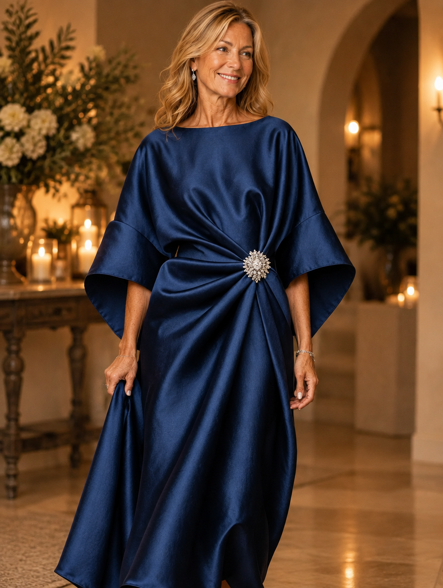 Ivonne draped evening gown worn by model