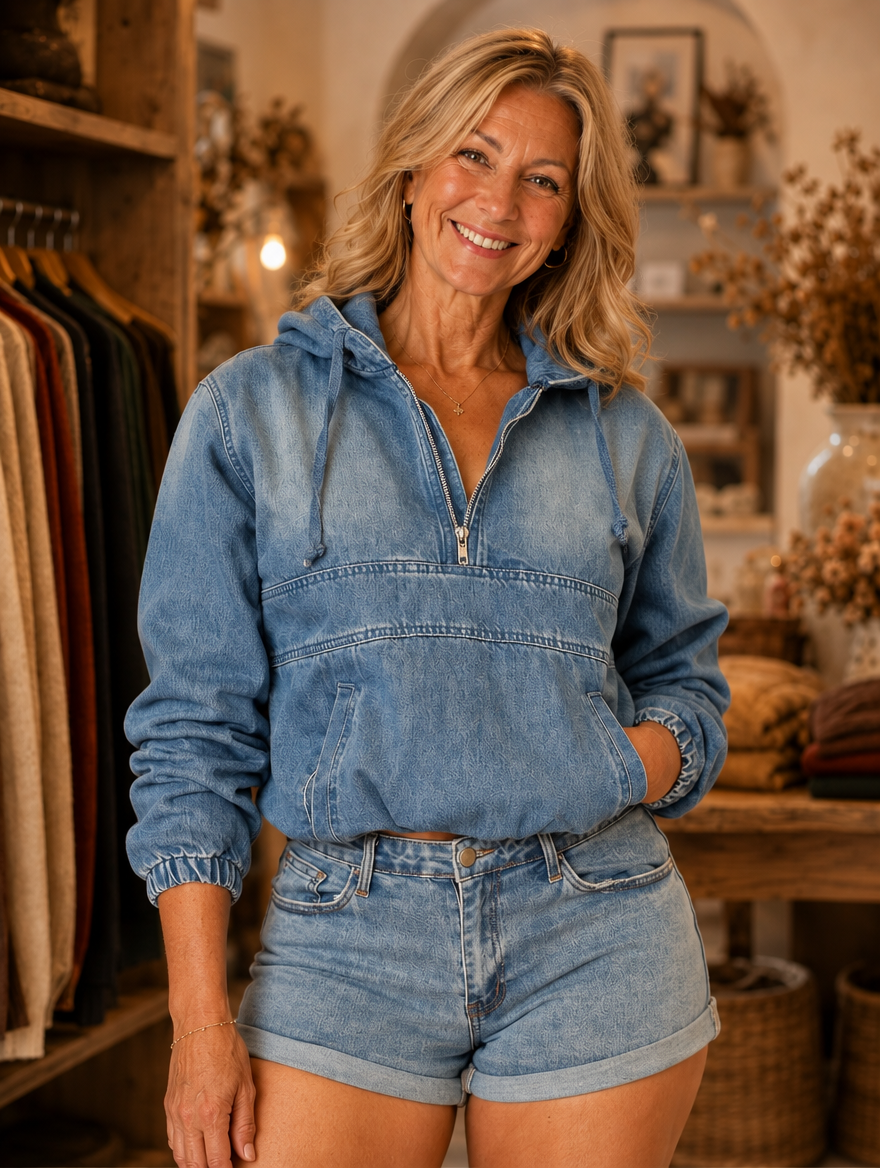 Cropped zip-up denim hoodie worn by model