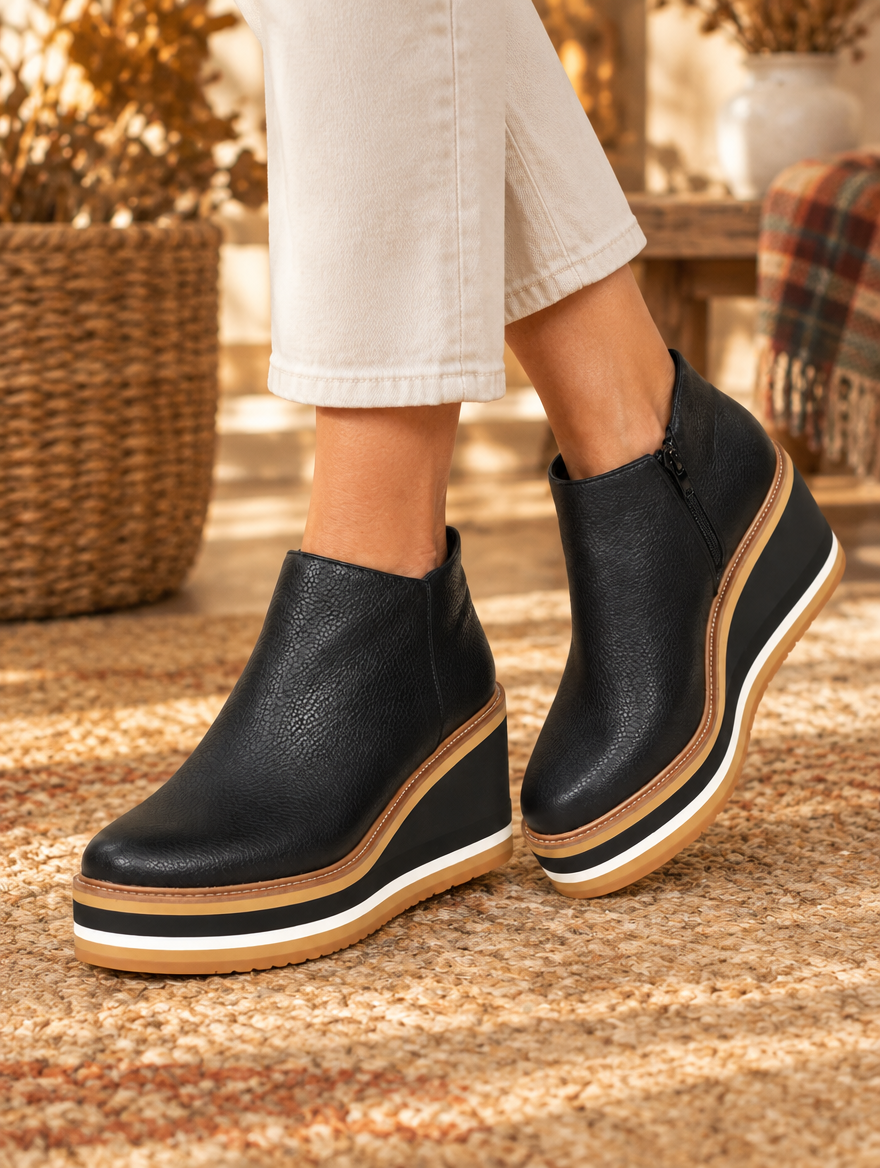 Liva orthopedic ankle boots in black worn by model
