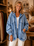 Jessica hooded denim jacket in blue worn by model