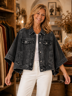 Batwing sleeve cropped denim jacket in black worn by model