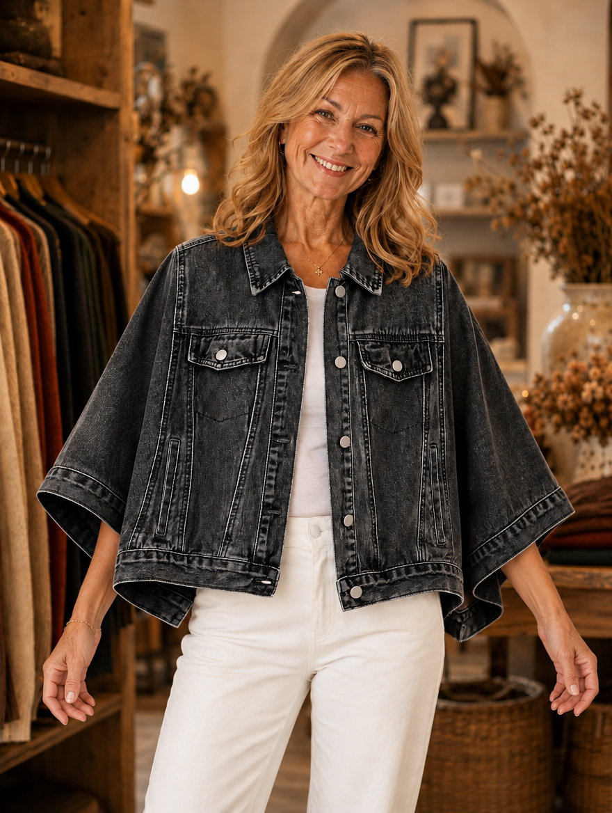 Batwing sleeve cropped denim jacket in black worn by model