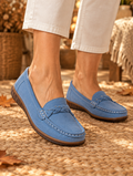 Ariella orthopaedic wide-fit slip-on loafers in blue worn by model