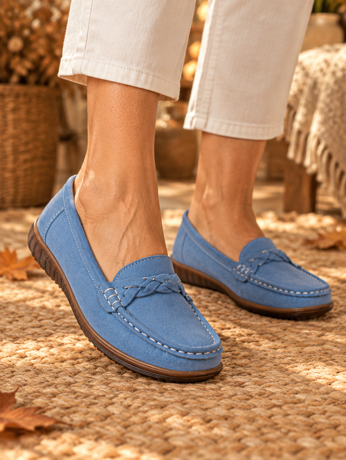 Ariella orthopaedic wide-fit slip-on loafers in blue worn by model