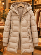 Mila hooded winter jacket in beige on hanger