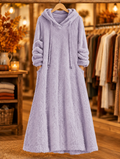Noelle plush hooded lounge dress in light purple on hanger