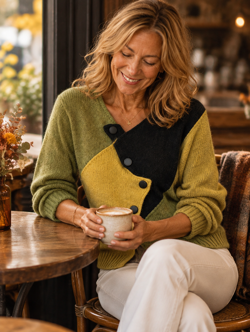 Catherine asymmetric color-block knit sweater worn while relaxing