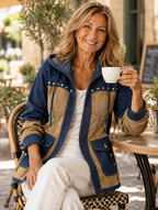 Margaret patchwork hooded jacket worn candidly outdoors