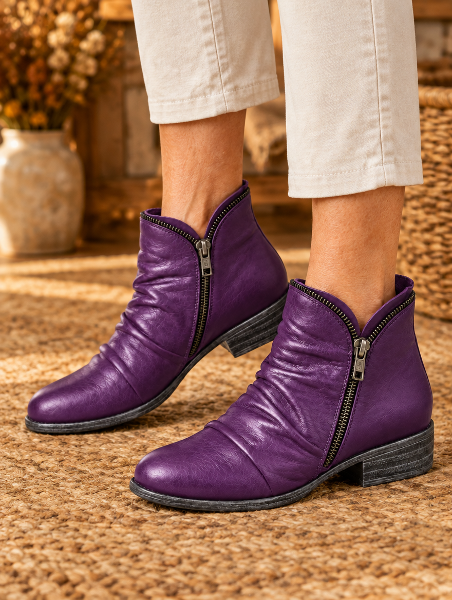 Women's comfortable low boots in purple worn by model